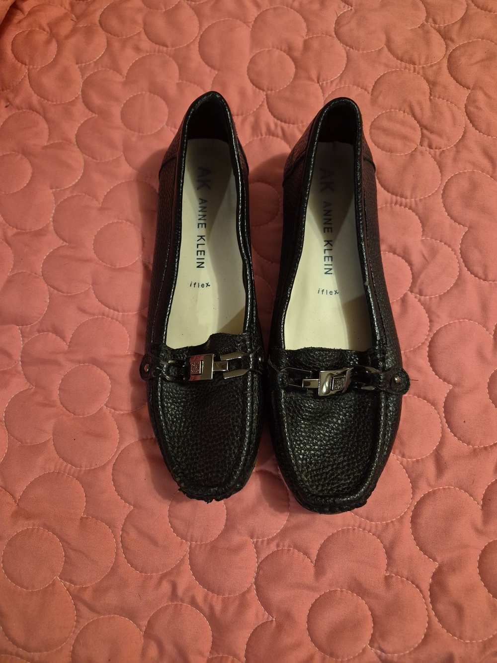 Anne Klein Black Pebbled Leather Moccasin Loafers with Silver Hardware